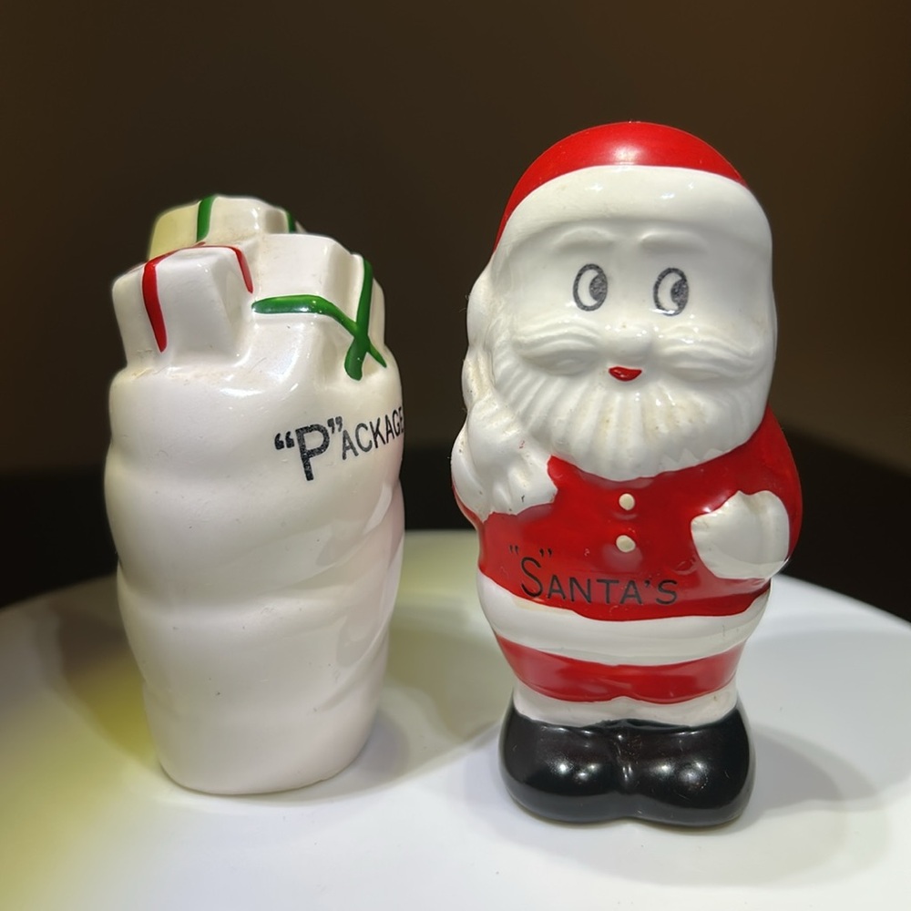 Vintage 80’s Woolworth Santa and Packages Toy Bag Salt & Pepper Shaker Set